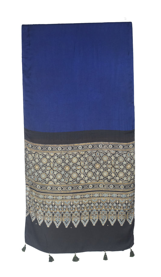 Ajrakh Modal Silk Part Natural Dye Half Plain Dyeing Hand Block Print Stole With Tassels - 2.1 Mtr Length - SKU : AI26902I