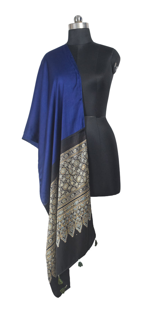Ajrakh Modal Silk Part Natural Dye Half Plain Dyeing Hand Block Print Stole With Tassels - 2.1 Mtr Length - SKU : AI26902I