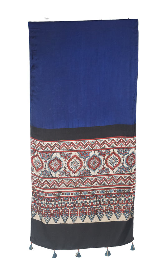 Ajrakh Modal Silk Part Natural Dye Half Plain Dyeing Hand Block Print Stole With Tassels - 2.1 Mtr Length - SKU : AI26902G