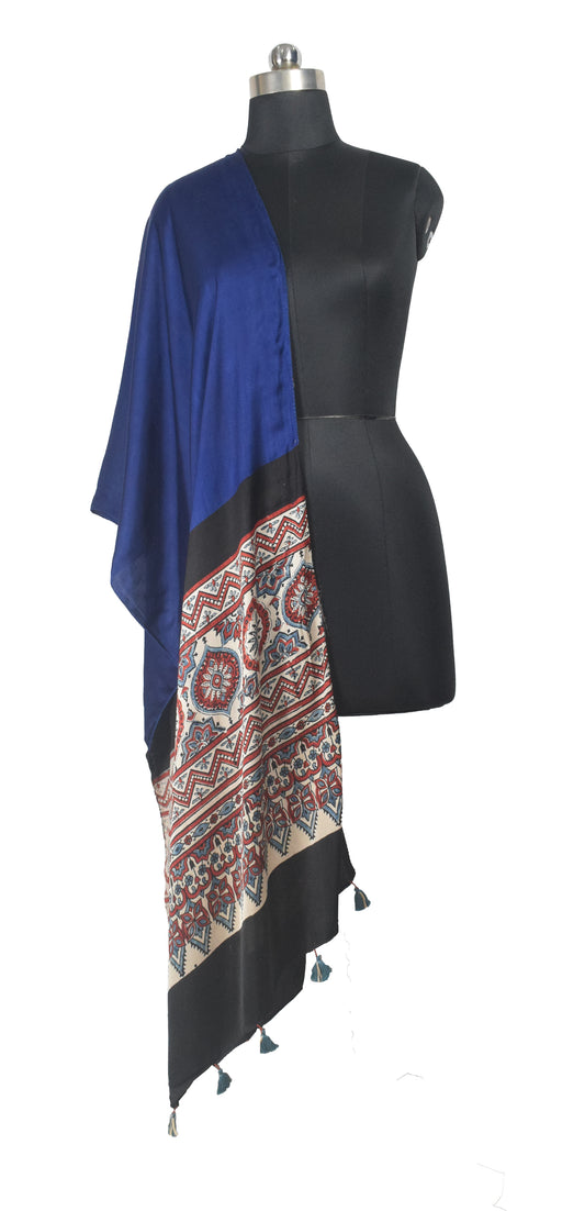 Ajrakh Modal Silk Part Natural Dye Half Plain Dyeing Hand Block Print Stole With Tassels - 2.1 Mtr Length - SKU : AI26902G