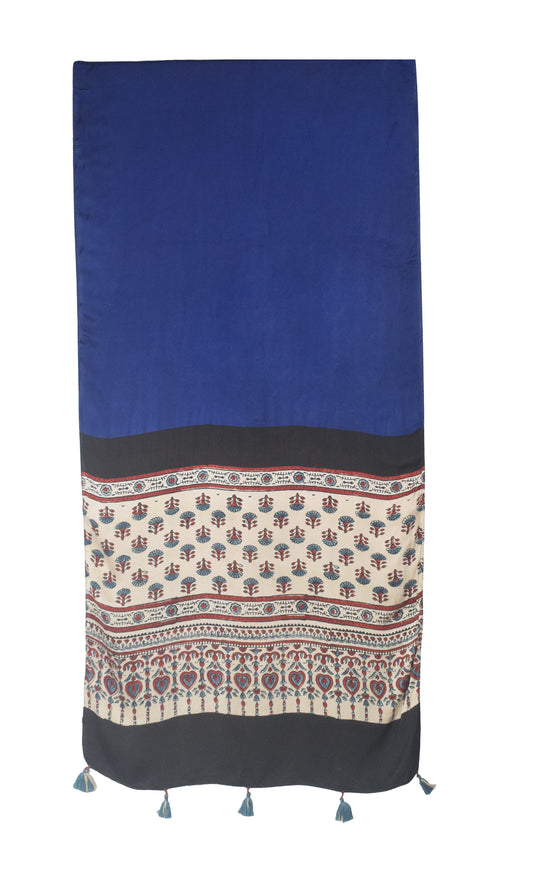 Ajrakh Modal Silk Part Natural Dye Half Plain Dyeing Hand Block Print Stole With Tassels - 2.1 Mtr Length - SKU : AI26902H