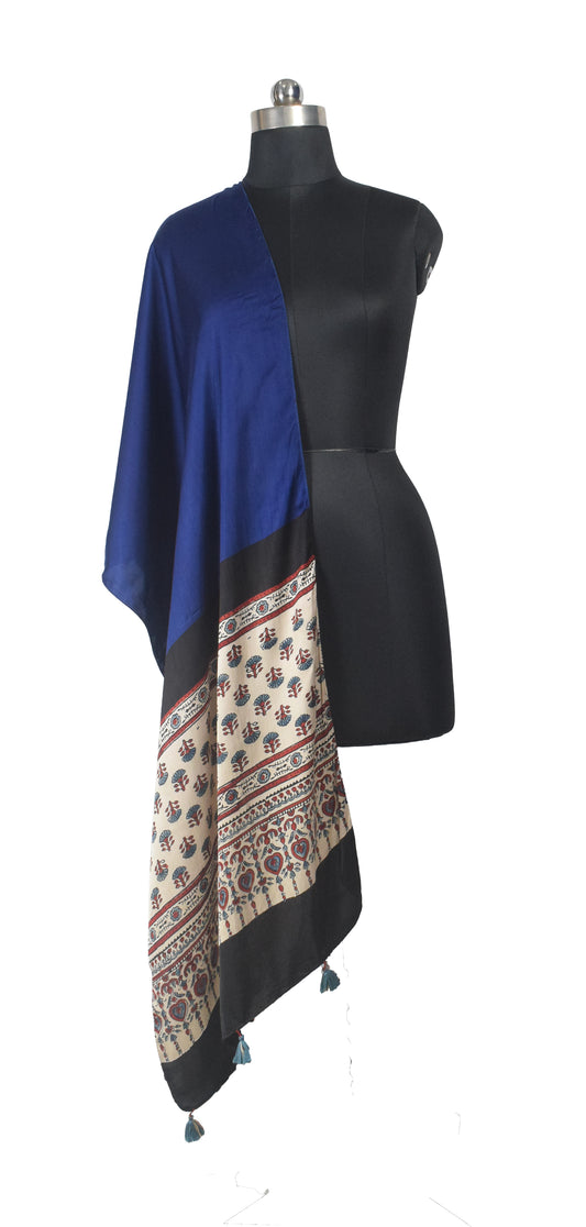 Ajrakh Modal Silk Part Natural Dye Half Plain Dyeing Hand Block Print Stole With Tassels - 2.1 Mtr Length - SKU : AI26902H