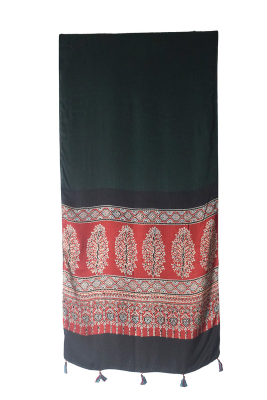 Ajrakh Modal Silk Part Natural Dye Half Plain Dyeing Hand Block Print Stole With Tassels - 2.1 Mtr Length - SKU : AI26902C