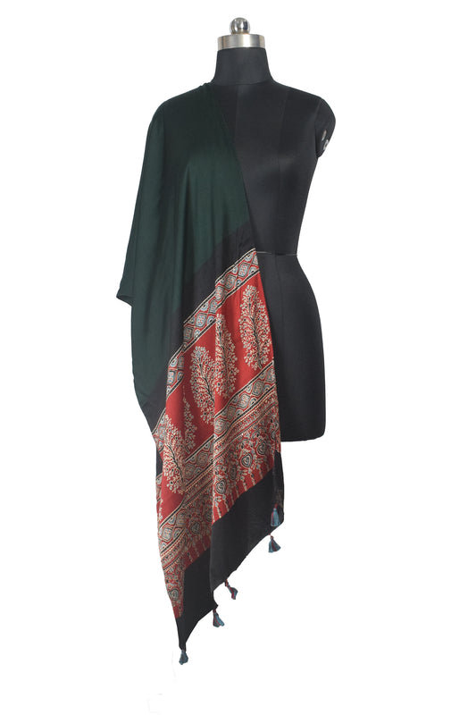 Ajrakh Modal Silk Part Natural Dye Half Plain Dyeing Hand Block Print Stole With Tassels - 2.1 Mtr Length - SKU : AI26902C
