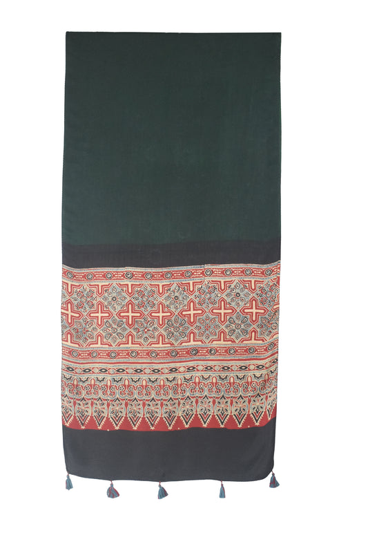Ajrakh Modal Silk Part Natural Dye Half Plain Dyeing Hand Block Print Stole With Tassels - 2.1 Mtr Length - SKU : AI26902E