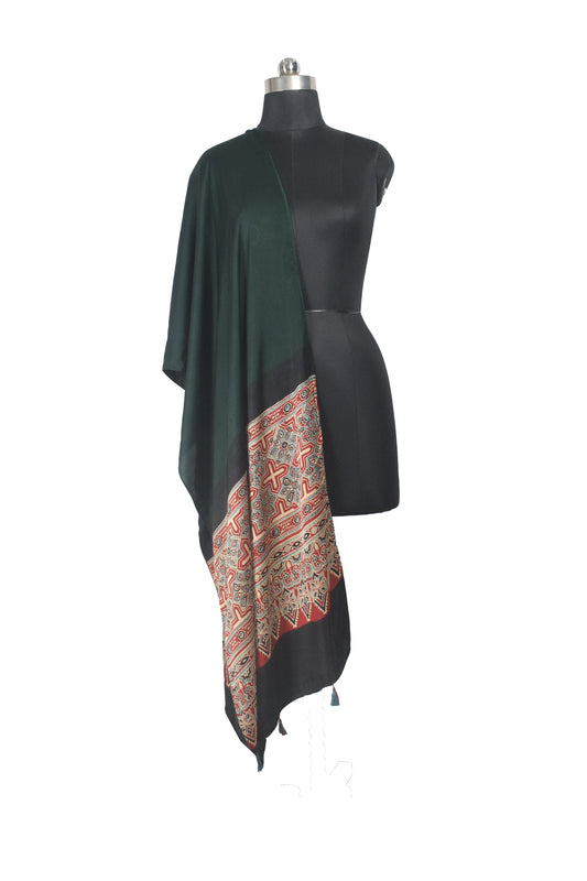Ajrakh Modal Silk Part Natural Dye Half Plain Dyeing Hand Block Print Stole With Tassels - 2.1 Mtr Length - SKU : AI26902E