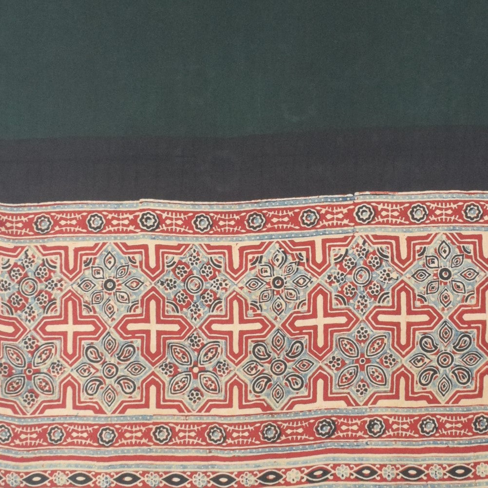 Ajrakh Modal Silk Part Natural Dye Half Plain Dyeing Hand Block Print Stole With Tassels - 2.1 Mtr Length - SKU : AI26902E