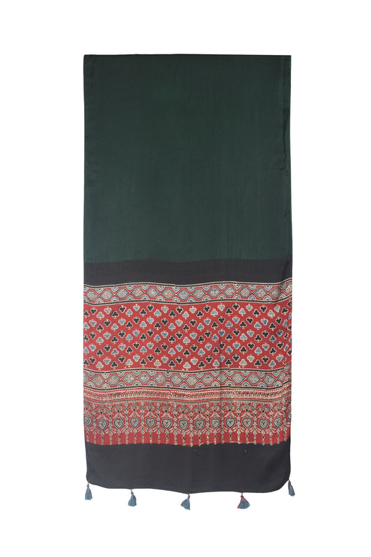 Ajrakh Modal Silk Part Natural Dye Half Plain Dyeing Hand Block Print Stole With Tassels - 2.1 Mtr Length - SKU : AI26902F