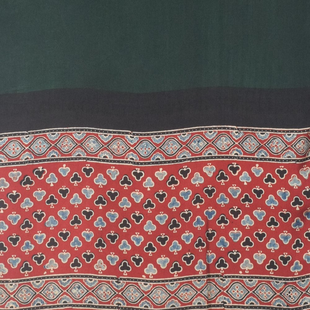 Ajrakh Modal Silk Part Natural Dye Half Plain Dyeing Hand Block Print Stole With Tassels - 2.1 Mtr Length - SKU : AI26902F