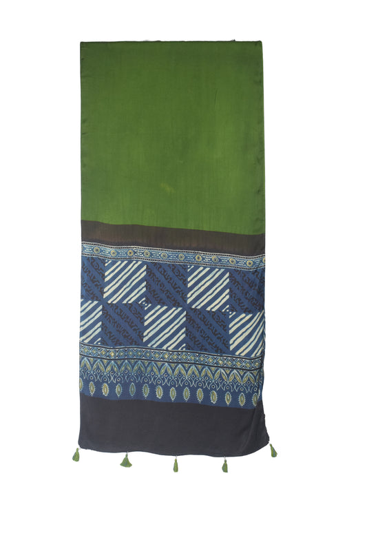 Ajrakh Modal Silk Part Natural Dye Half Plain Dyeing Hand Block Print Stole With Tassels - 2.1 Mtr Length - SKU : AI26902A