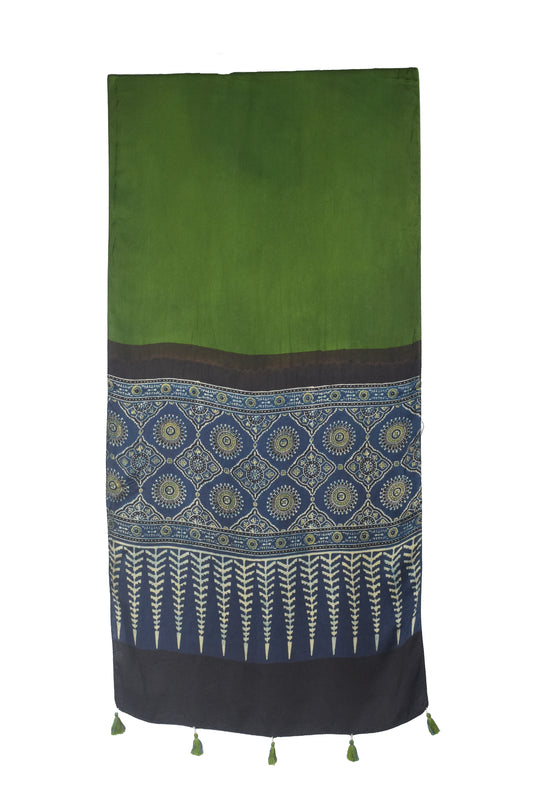 Ajrakh Modal Silk Part Natural Dye Half Plain Dyeing Hand Block Print Stole With Tassels - 2.1 Mtr Length - SKU : AI26902B