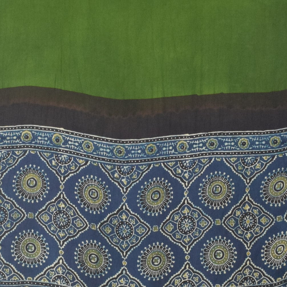 Ajrakh Modal Silk Part Natural Dye Half Plain Dyeing Hand Block Print Stole With Tassels - 2.1 Mtr Length - SKU : AI26902B