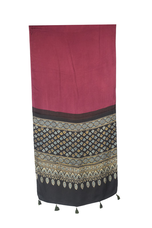 Ajrakh Modal Silk Part Natural Dye Half Plain Dyeing Hand Block Print Stole With Tassels - 2.1 Mtr Length - SKU : AI26902W