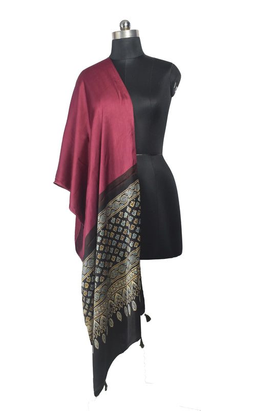 Ajrakh Modal Silk Part Natural Dye Half Plain Dyeing Hand Block Print Stole With Tassels - 2.1 Mtr Length - SKU : AI26902W