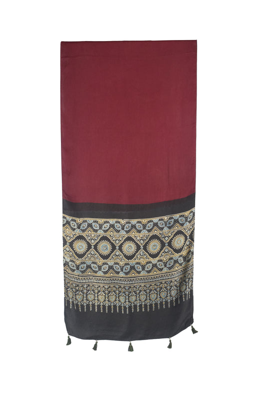 Ajrakh Modal Silk Part Natural Dye Half Plain Dyeing Hand Block Print Stole With Tassels - 2.1 Mtr Length - SKU : AI2690BB
