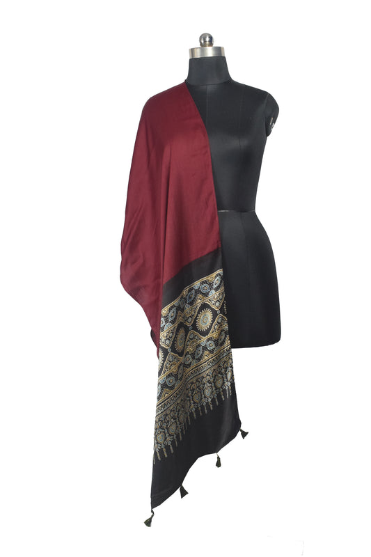Ajrakh Modal Silk Part Natural Dye Half Plain Dyeing Hand Block Print Stole With Tassels - 2.1 Mtr Length - SKU : AI2690BB