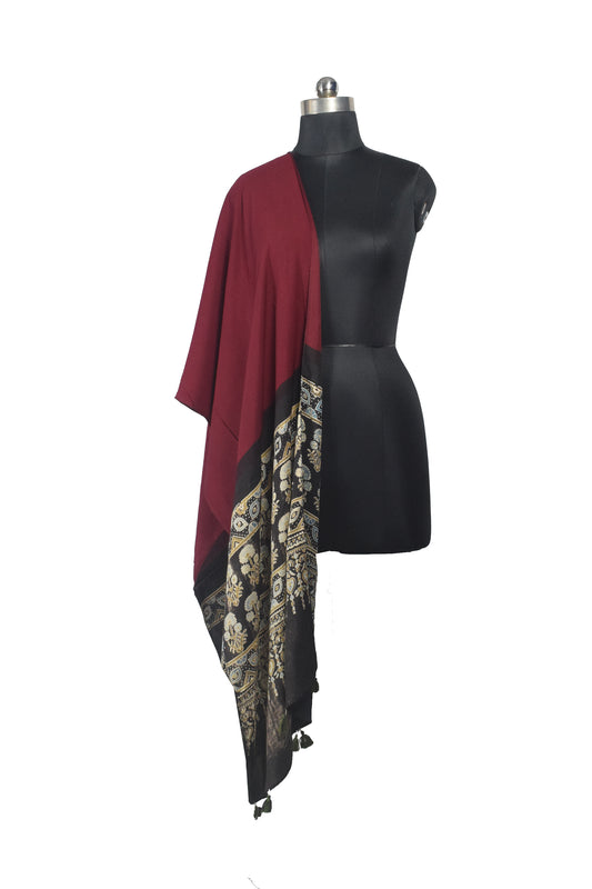 Ajrakh Modal Silk Part Natural Dye Half Plain Dyeing Hand Block Print Stole With Tassels - 2.1 Mtr Length - SKU : AI2690BD