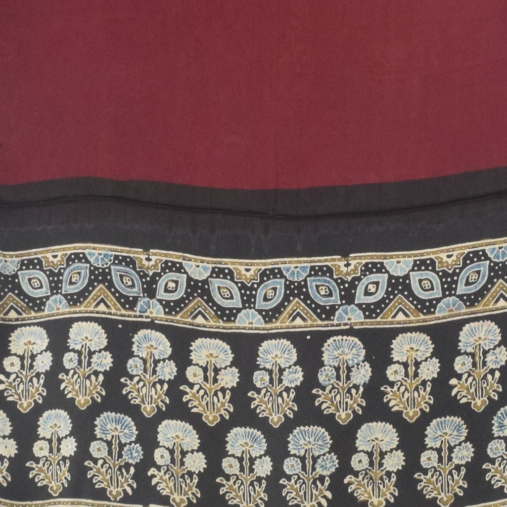 Ajrakh Modal Silk Part Natural Dye Half Plain Dyeing Hand Block Print Stole With Tassels - 2.1 Mtr Length - SKU : AI2690BD