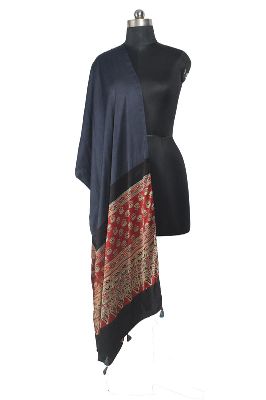 Ajrakh Modal Silk Part Natural Dye Half Plain Dyeing Hand Block Print Stole With Tassels - 2.1 Mtr Length - SKU : AI26902R