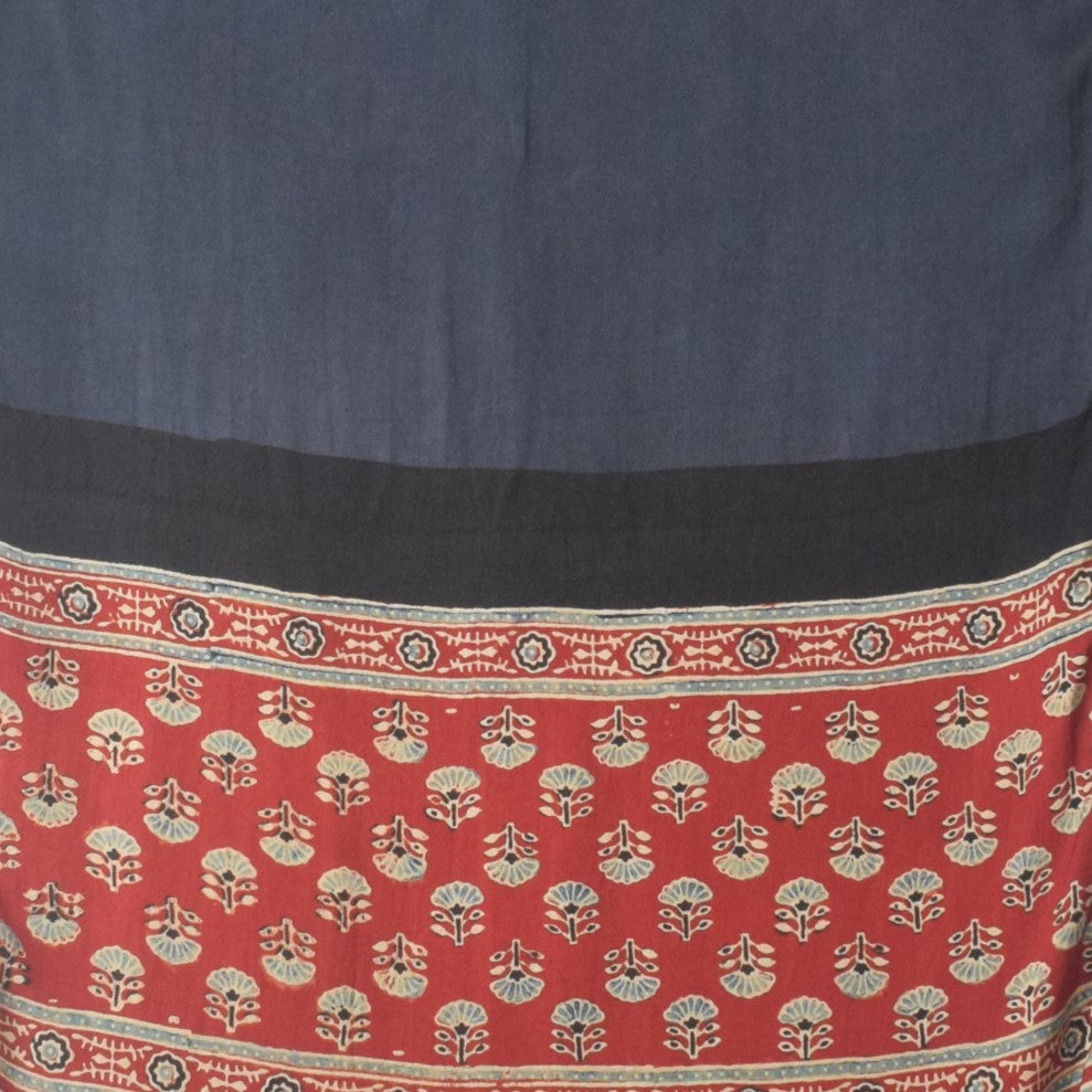 Ajrakh Modal Silk Part Natural Dye Half Plain Dyeing Hand Block Print Stole With Tassels - 2.1 Mtr Length - SKU : AI26902R