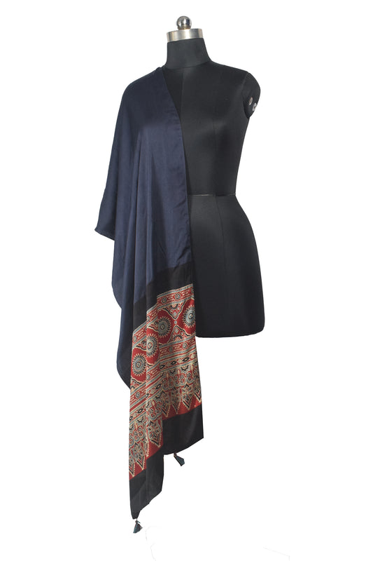 Ajrakh Modal Silk Part Natural Dye Half Plain Dyeing Hand Block Print Stole With Tassels - 2.1 Mtr Length - SKU : AI26902S