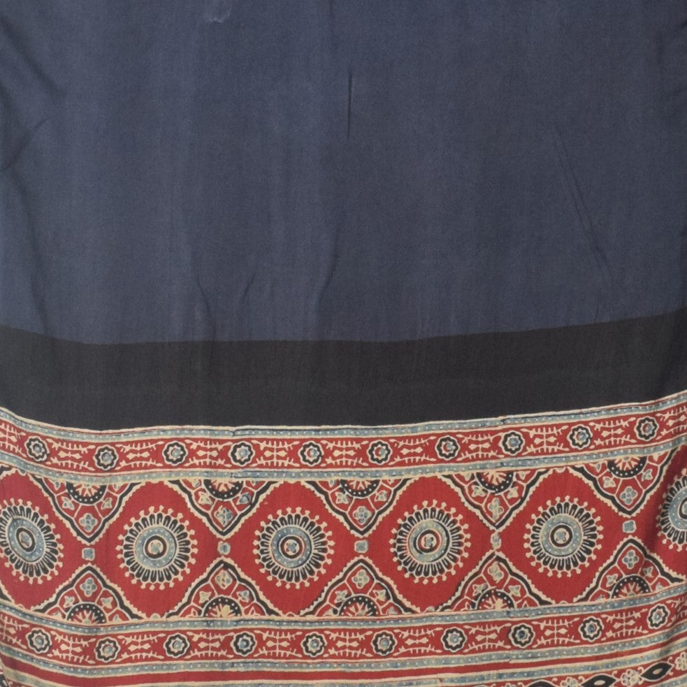 Ajrakh Modal Silk Part Natural Dye Half Plain Dyeing Hand Block Print Stole With Tassels - 2.1 Mtr Length - SKU : AI26902S