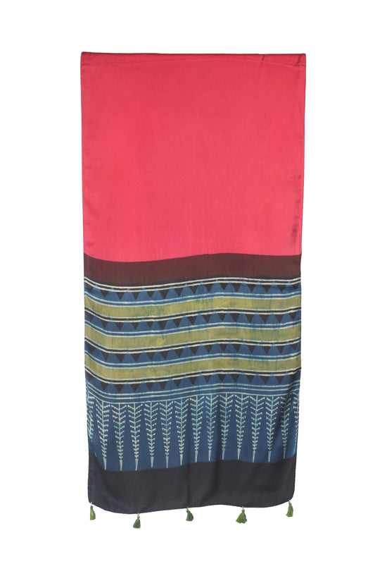 Ajrakh Modal Silk Part Natural Dye Half Plain Dyeing Hand Block Print Stole With Tassels - 2.1 Mtr Length - SKU : AI2690BE