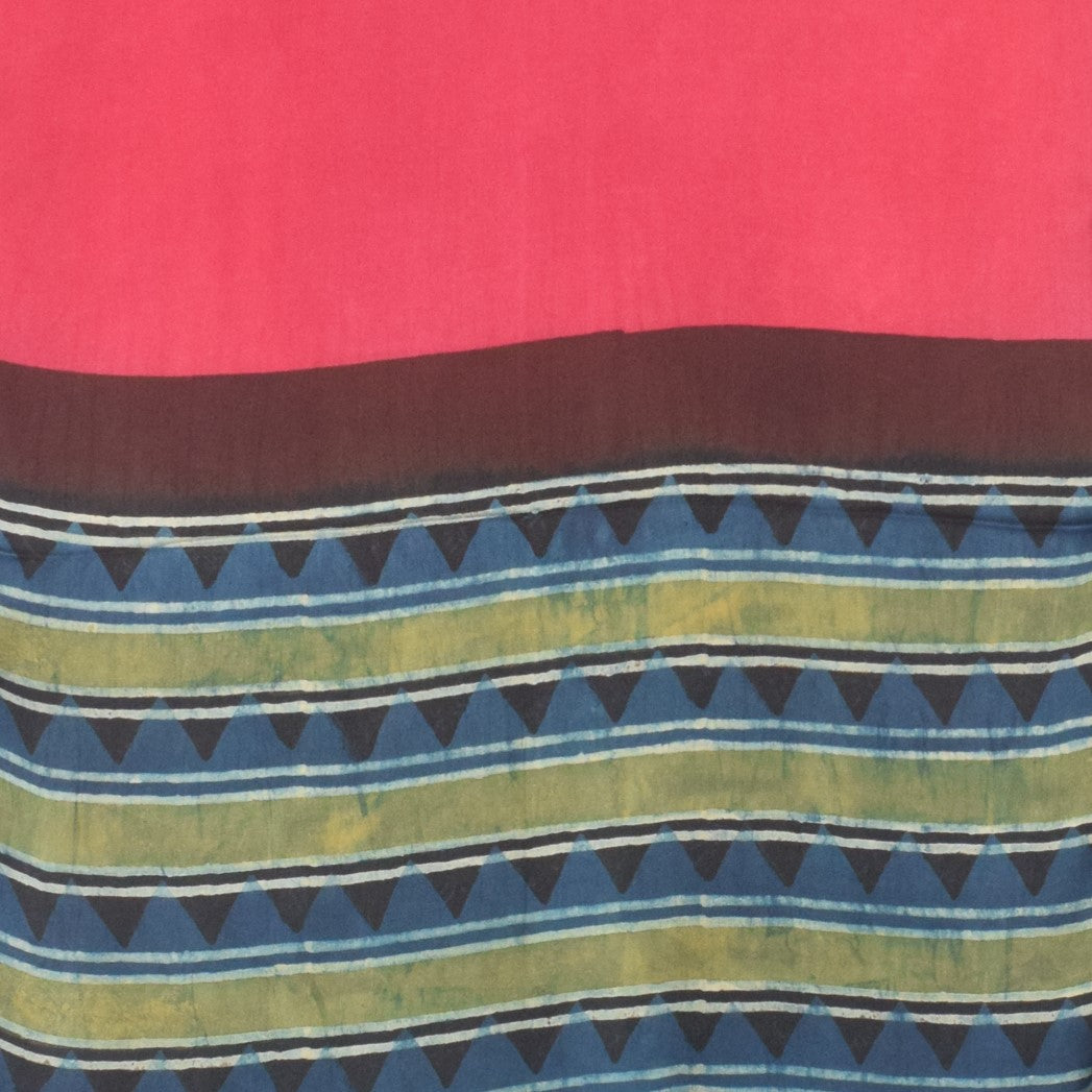 Ajrakh Modal Silk Part Natural Dye Half Plain Dyeing Hand Block Print Stole With Tassels - 2.1 Mtr Length - SKU : AI2690BE