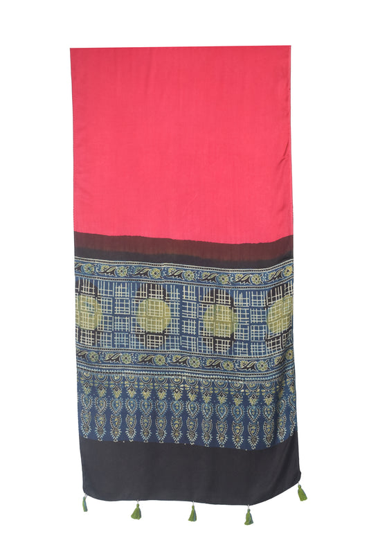 Ajrakh Modal Silk Part Natural Dye Half Plain Dyeing Hand Block Print Stole With Tassels - 2.1 Mtr Length - SKU : AI2690BI