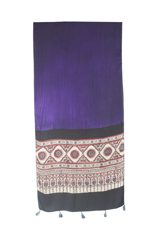 Ajrakh Modal Silk Part Natural Dye Half Plain Dyeing Hand Block Print Stole With Tassels - 2.1 Mtr Length - SKU : AI26902J