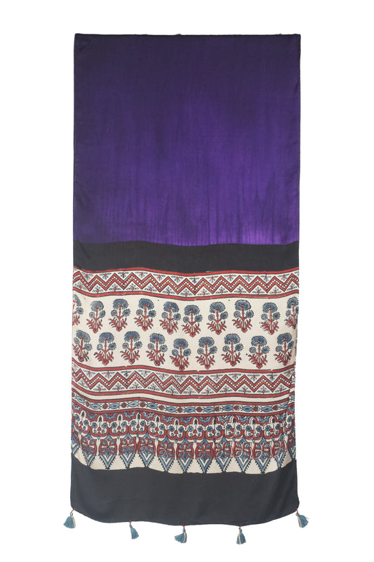 Ajrakh Modal Silk Part Natural Dye Half Plain Dyeing Hand Block Print Stole With Tassels - 2.1 Mtr Length - SKU : AI26902K