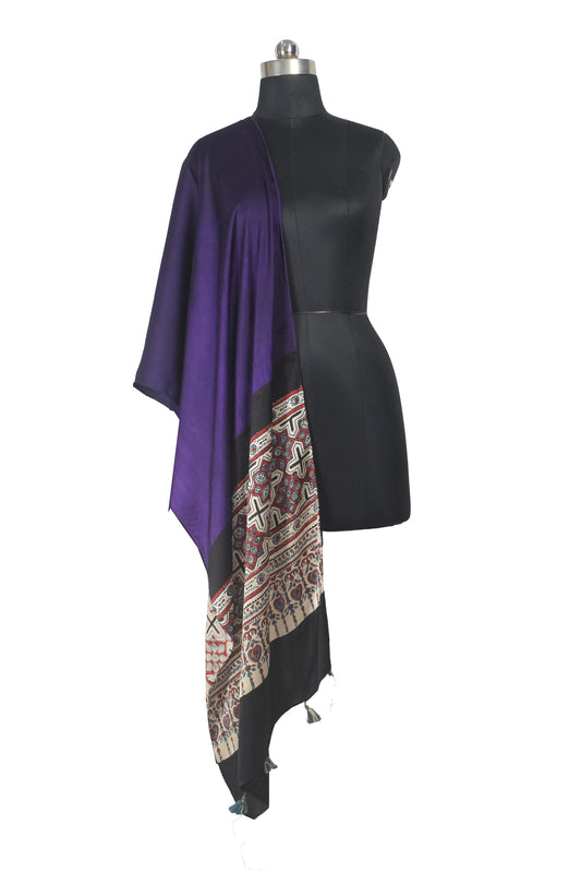 Ajrakh Modal Silk Part Natural Dye Half Plain Dyeing Hand Block Print Stole With Tassels - 2.1 Mtr Length - SKU : AI26902L