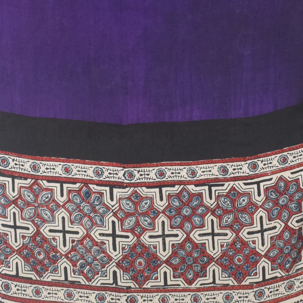 Ajrakh Modal Silk Part Natural Dye Half Plain Dyeing Hand Block Print Stole With Tassels - 2.1 Mtr Length - SKU : AI26902L