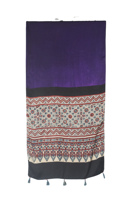 Ajrakh Modal Silk Part Natural Dye Half Plain Dyeing Hand Block Print Stole With Tassels - 2.1 Mtr Length - SKU : AI26902M