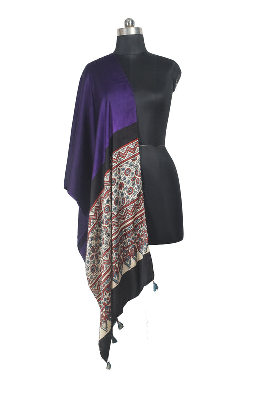 Ajrakh Modal Silk Part Natural Dye Half Plain Dyeing Hand Block Print Stole With Tassels - 2.1 Mtr Length - SKU : AI26902M