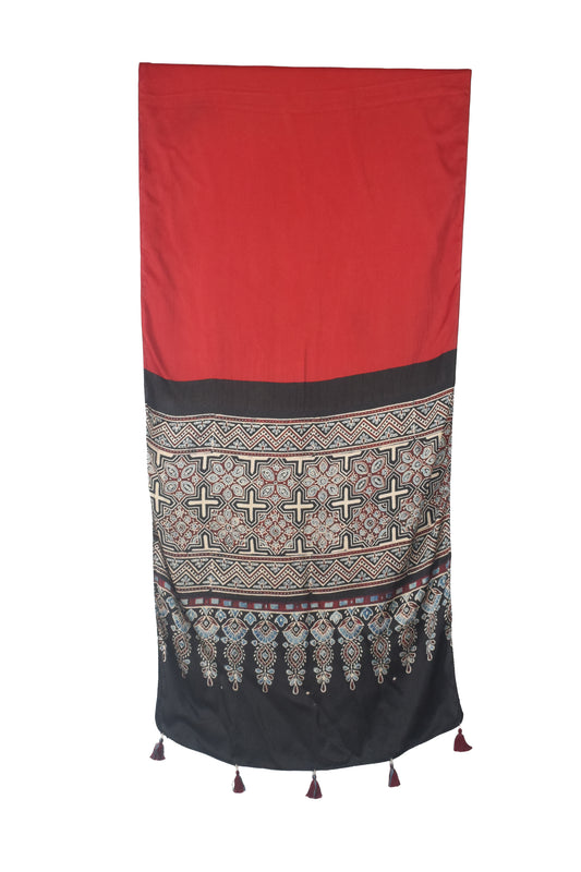 Ajrakh Modal Silk Part Natural Dye Half Plain Dyeing Hand Block Print Stole With Tassels - 2.1 Mtr Length - SKU : AI26902X