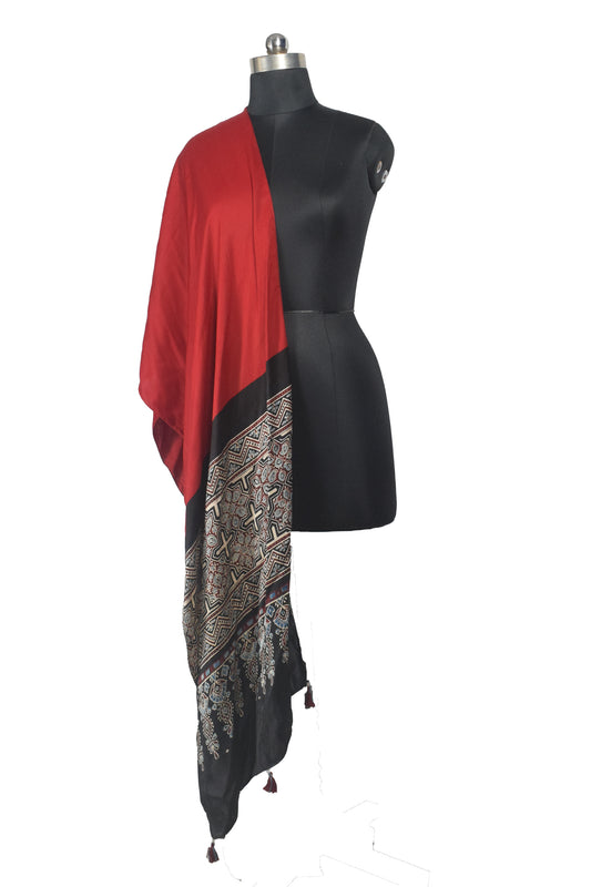 Ajrakh Modal Silk Part Natural Dye Half Plain Dyeing Hand Block Print Stole With Tassels - 2.1 Mtr Length - SKU : AI26902X