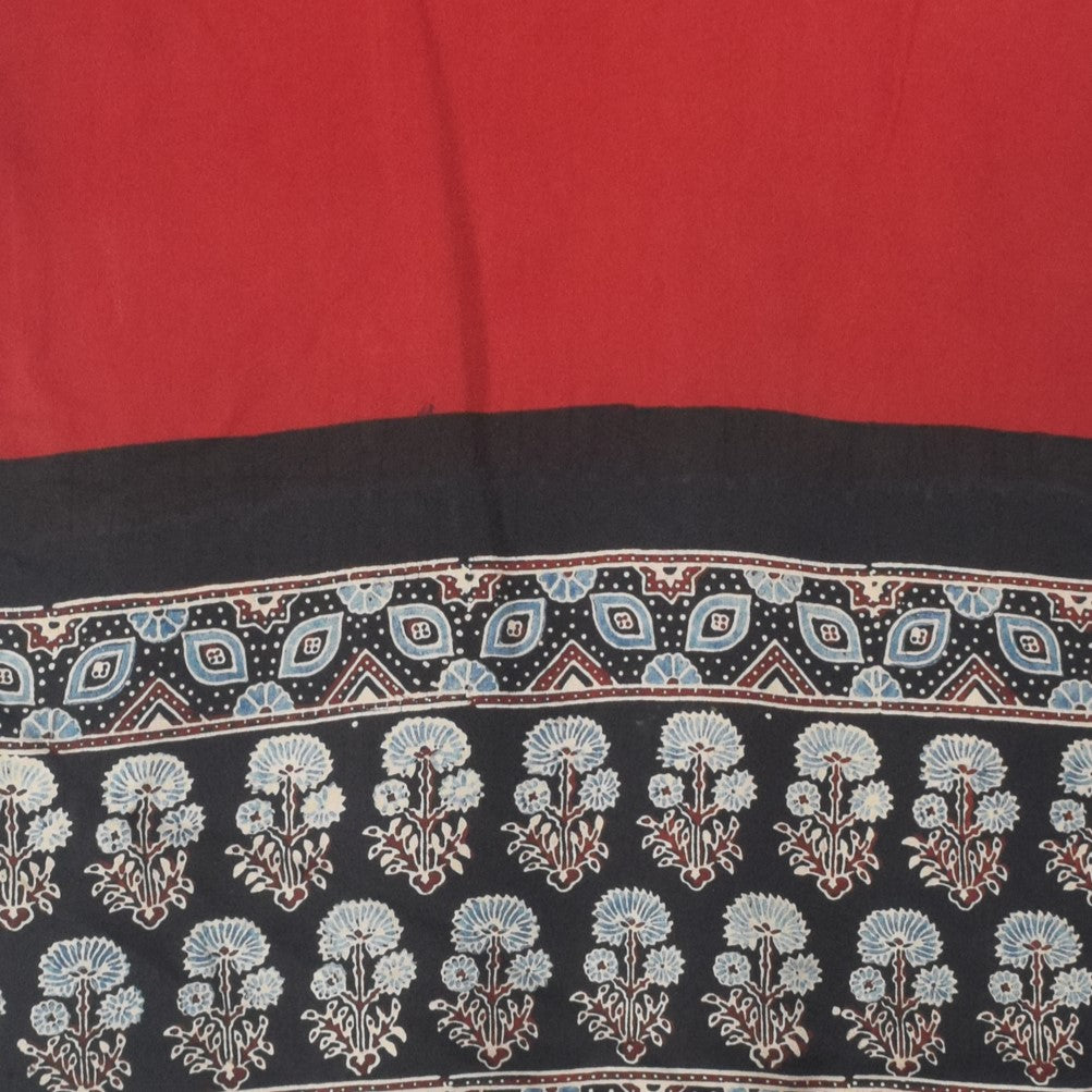 Ajrakh Modal Silk Part Natural Dye Half Plain Dyeing Hand Block Print Stole With Tassels - 2.1 Mtr Length - SKU : AI26902Y