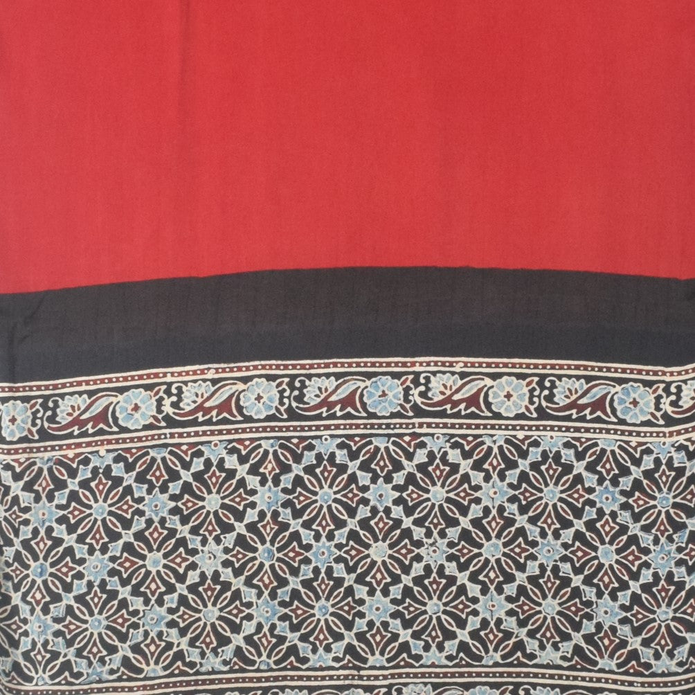 Ajrakh Modal Silk Part Natural Dye Half Plain Dyeing Hand Block Print Stole With Tassels - 2.1 Mtr Length - SKU : AI26902Z
