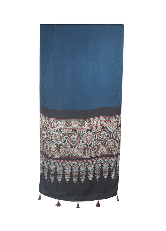Ajrakh Modal Silk Part Natural Dye Half Plain Dyeing Hand Block Print Stole With Tassels - 2.1 Mtr Length - SKU : AI26902N