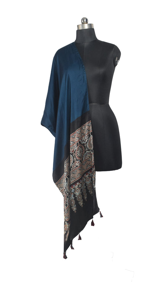Ajrakh Modal Silk Part Natural Dye Half Plain Dyeing Hand Block Print Stole With Tassels - 2.1 Mtr Length - SKU : AI26902N
