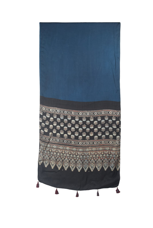 Ajrakh Modal Silk Part Natural Dye Half Plain Dyeing Hand Block Print Stole With Tassels - 2.1 Mtr Length - SKU : AI26902P