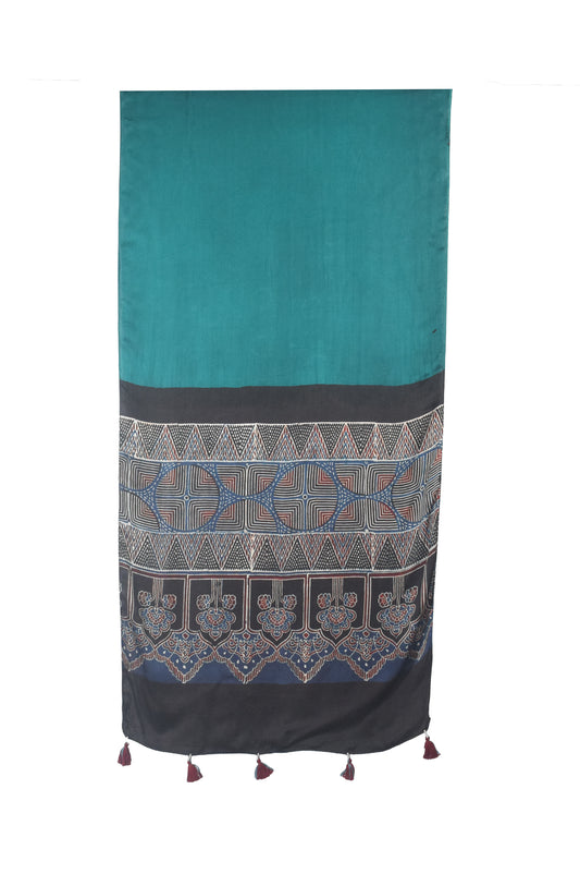 Ajrakh Modal Silk Part Natural Dye Half Plain Dyeing Hand Block Print Stole With Tassels - 2.1 Mtr Length - SKU : AI2690BJ