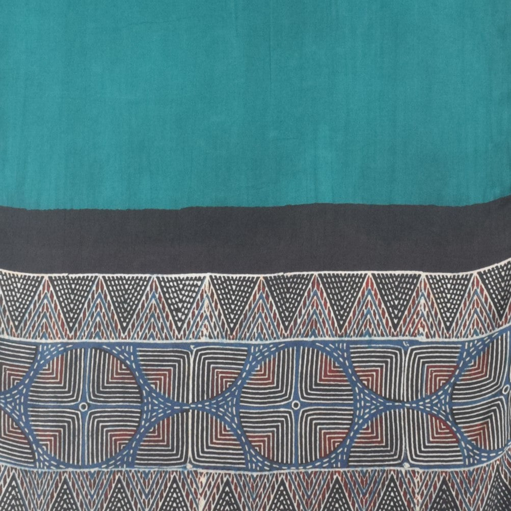 Ajrakh Modal Silk Part Natural Dye Half Plain Dyeing Hand Block Print Stole With Tassels - 2.1 Mtr Length - SKU : AI2690BJ