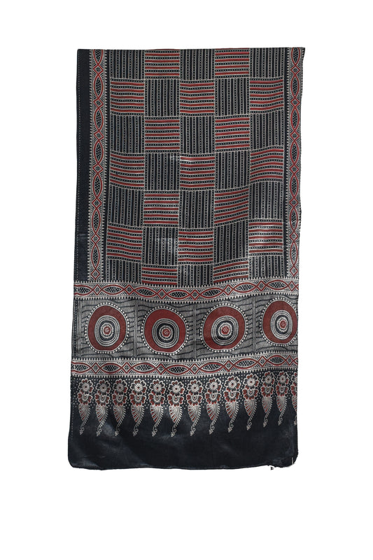 Ajrakh Mashru Silk Screen Print Hand Printed Stole - 2.1 Mtr Length - SKU : JH24202F