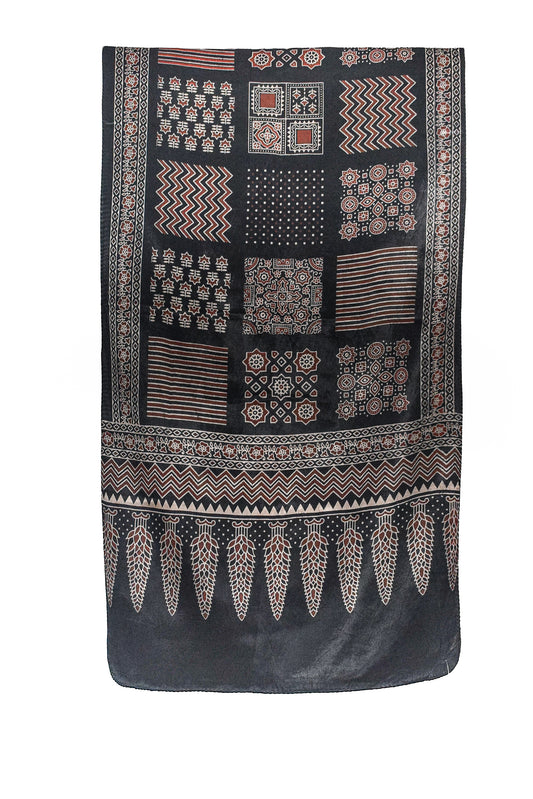 Ajrakh Mashru Silk Screen Print Hand Printed Stole - 2.1 Mtr Length - SKU : JH24202G