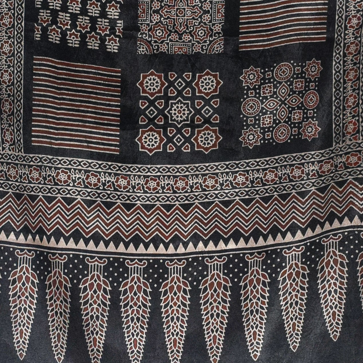 Ajrakh Mashru Silk Screen Print Hand Printed Stole - 2.1 Mtr Length - SKU : JH24202G