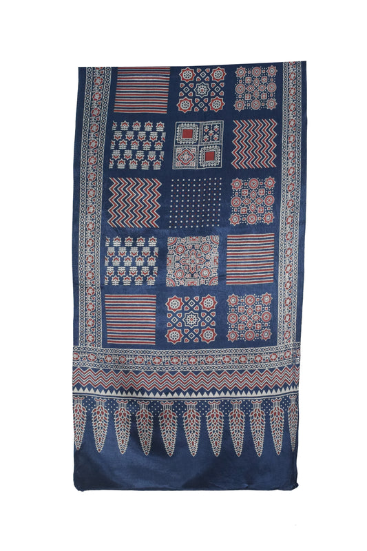 Ajrakh Mashru Silk Screen Print Hand Printed Stole - 2.1 Mtr Length - SKU : JH24202H