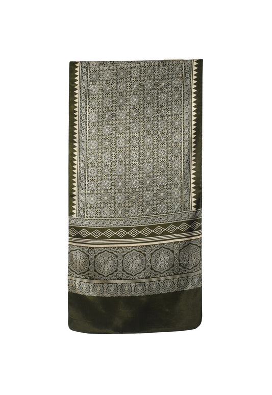 Ajrakh Mashru Silk Screen Print Hand Printed Stole - 2.1 Mtr Length - SKU : JH26101G