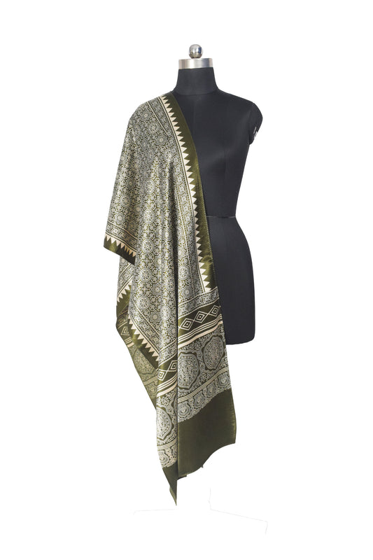 Ajrakh Mashru Silk Screen Print Hand Printed Stole - 2.1 Mtr Length - SKU : JH26101G